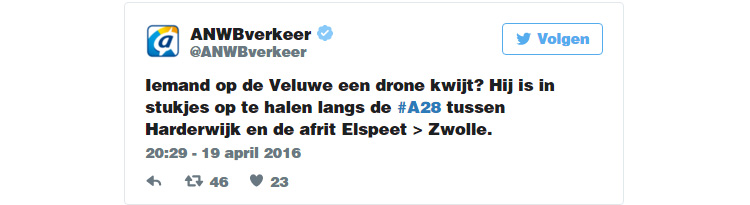 Drone crasht op snelweg A28 bij Hulshorst